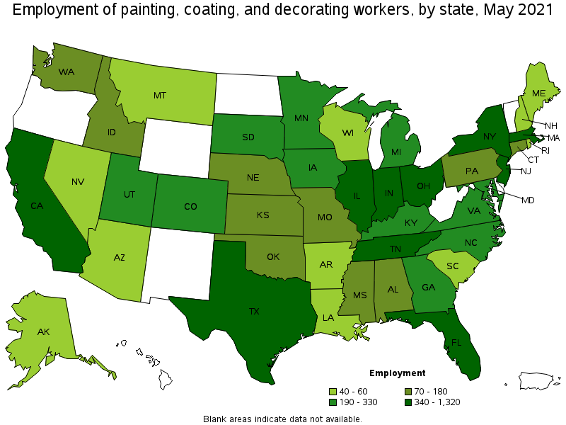 Map of employment of painting, coating, and decorating workers by state, May 2021