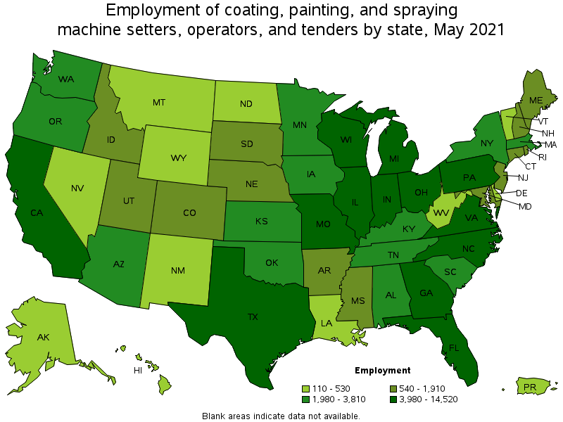Map of employment of coating, painting, and spraying machine setters, operators, and tenders by state, May 2021