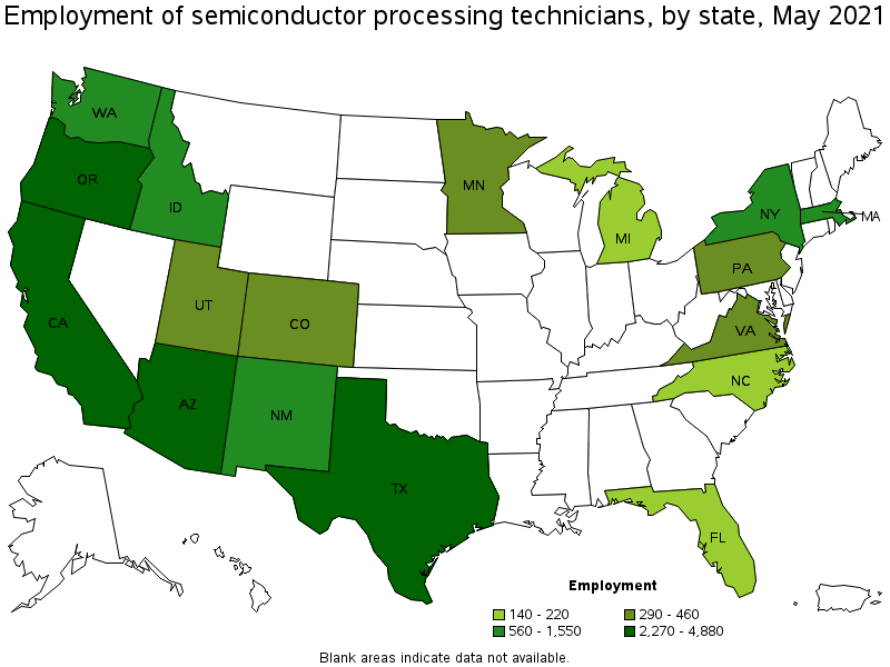 Map of employment of semiconductor processing technicians by state, May 2021