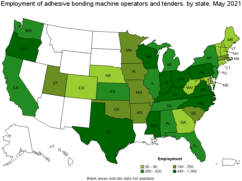 Map of employment of adhesive bonding machine operators and tenders by state, May 2021