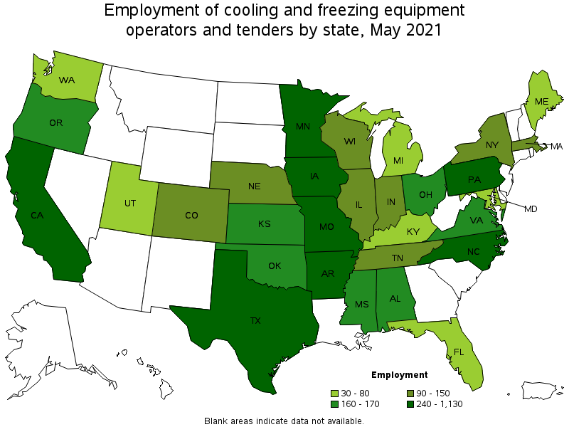 Map of employment of cooling and freezing equipment operators and tenders by state, May 2021