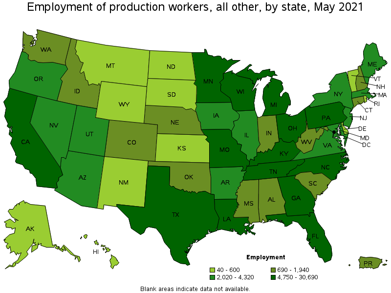 Map of employment of production workers, all other by state, May 2021