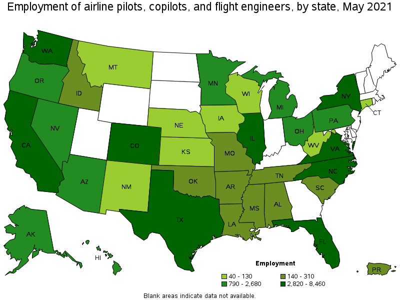 Map of employment of airline pilots, copilots, and flight engineers by state, May 2021
