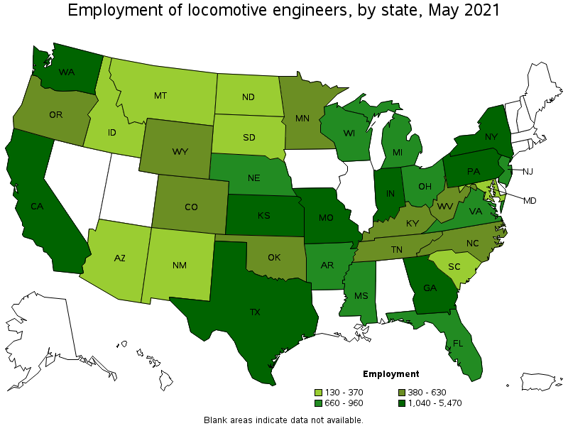 Map of employment of locomotive engineers by state, May 2021