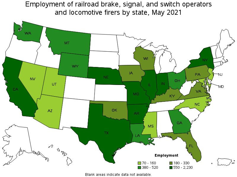 Map of employment of railroad brake, signal, and switch operators and locomotive firers by state, May 2021