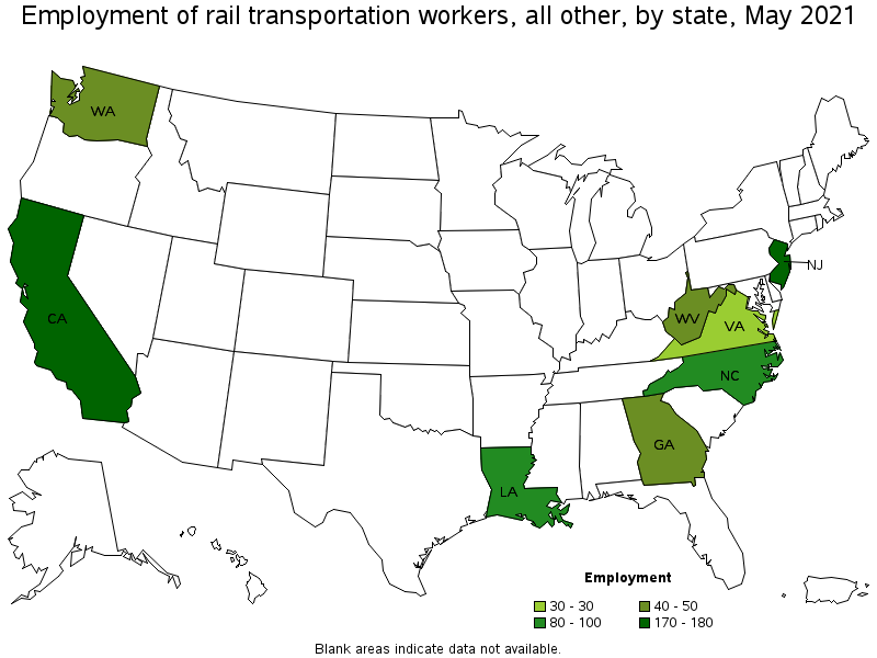 Map of employment of rail transportation workers, all other by state, May 2021