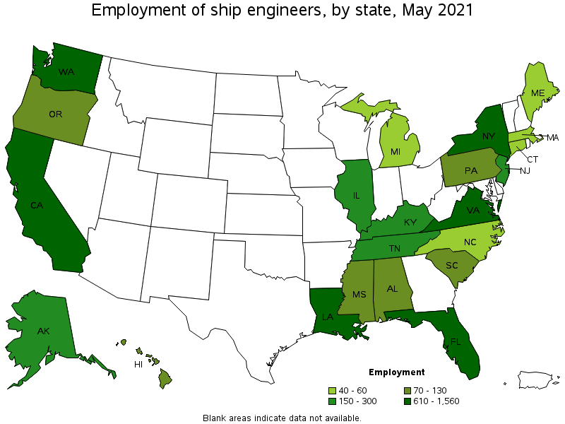 Map of employment of ship engineers by state, May 2021