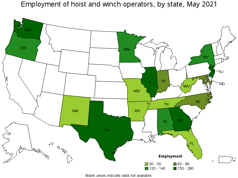 Map of employment of hoist and winch operators by state, May 2021