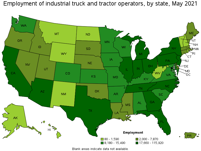 Map of employment of industrial truck and tractor operators by state, May 2021