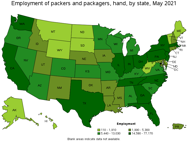 Map of employment of packers and packagers, hand by state, May 2021
