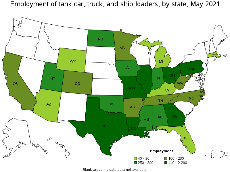 Map of employment of tank car, truck, and ship loaders by state, May 2021