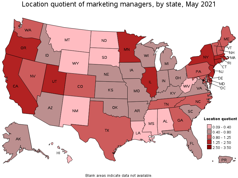 Map of location quotient of marketing managers by state, May 2021