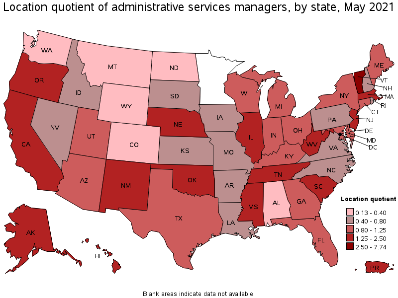 Map of location quotient of administrative services managers by state, May 2021