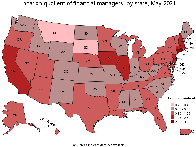Map of location quotient of financial managers by state, May 2021