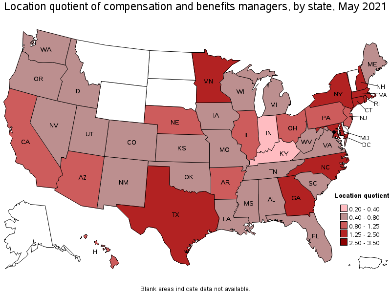 Map of location quotient of compensation and benefits managers by state, May 2021