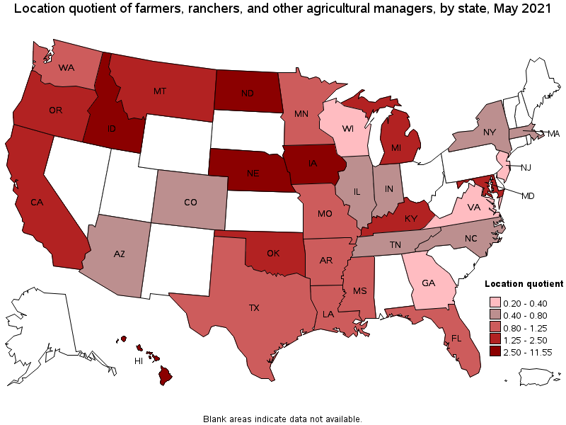 Map of location quotient of farmers, ranchers, and other agricultural managers by state, May 2021