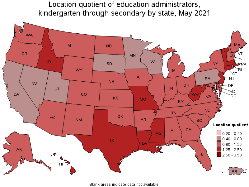 Map of location quotient of education administrators, kindergarten through secondary by state, May 2021