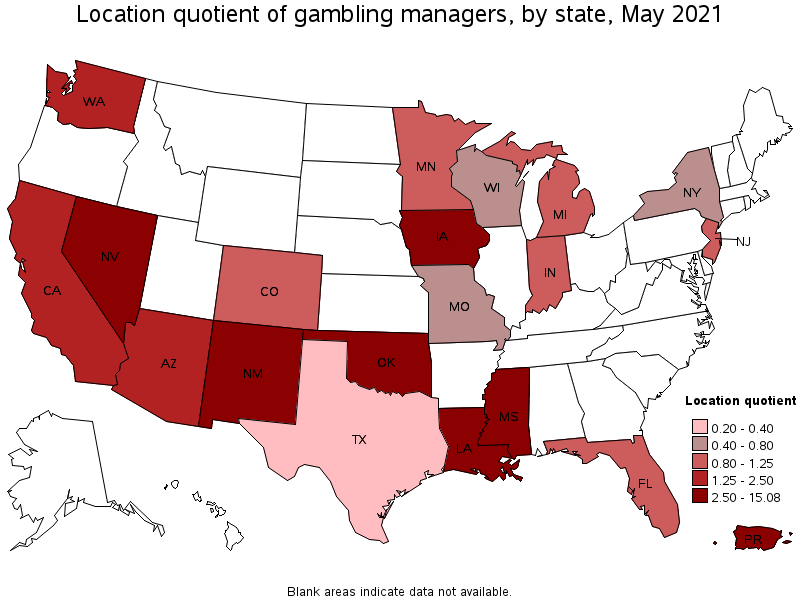 Map of location quotient of gambling managers by state, May 2021