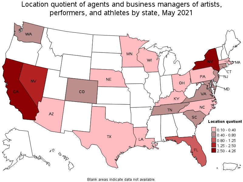 Map of location quotient of agents and business managers of artists, performers, and athletes by state, May 2021