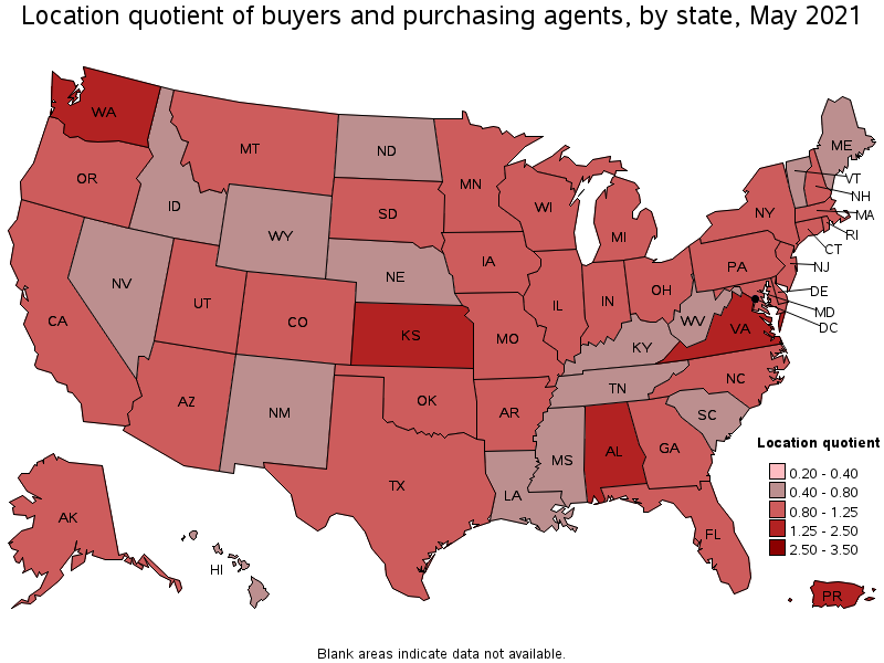 Map of location quotient of buyers and purchasing agents by state, May 2021
