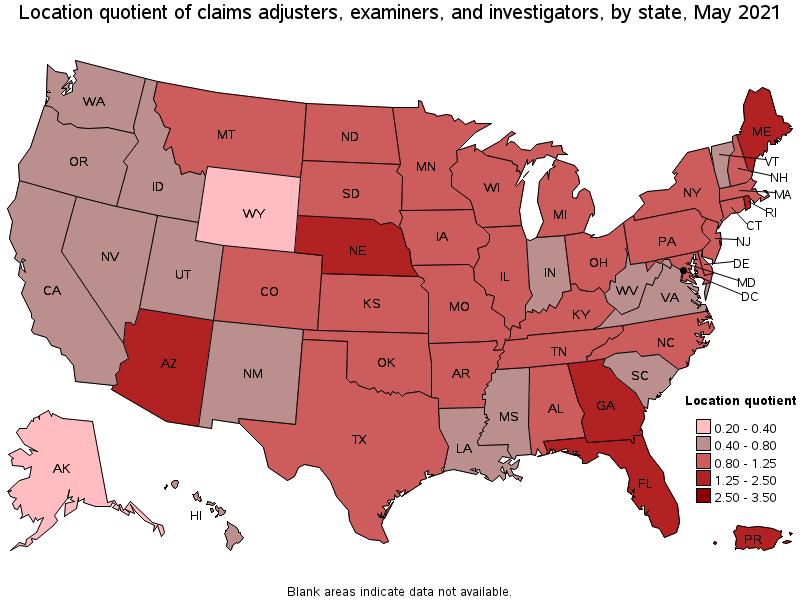 Map of location quotient of claims adjusters, examiners, and investigators by state, May 2021