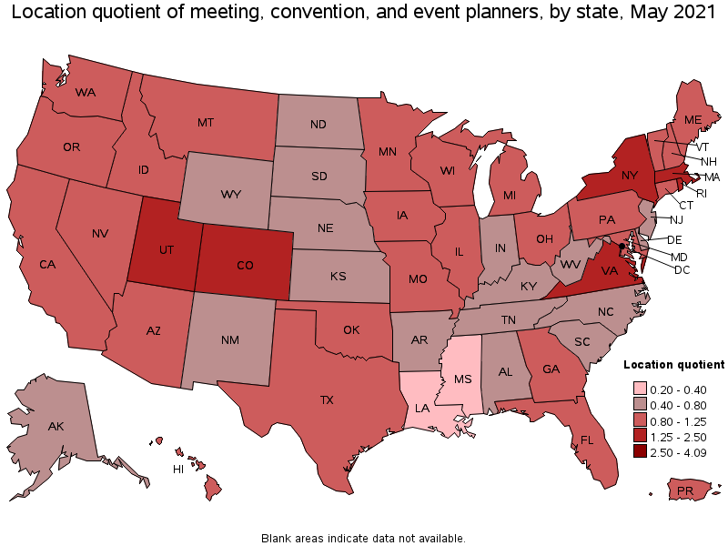 Map of location quotient of meeting, convention, and event planners by state, May 2021