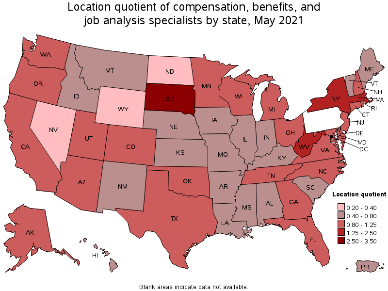 Map of location quotient of compensation, benefits, and job analysis specialists by state, May 2021