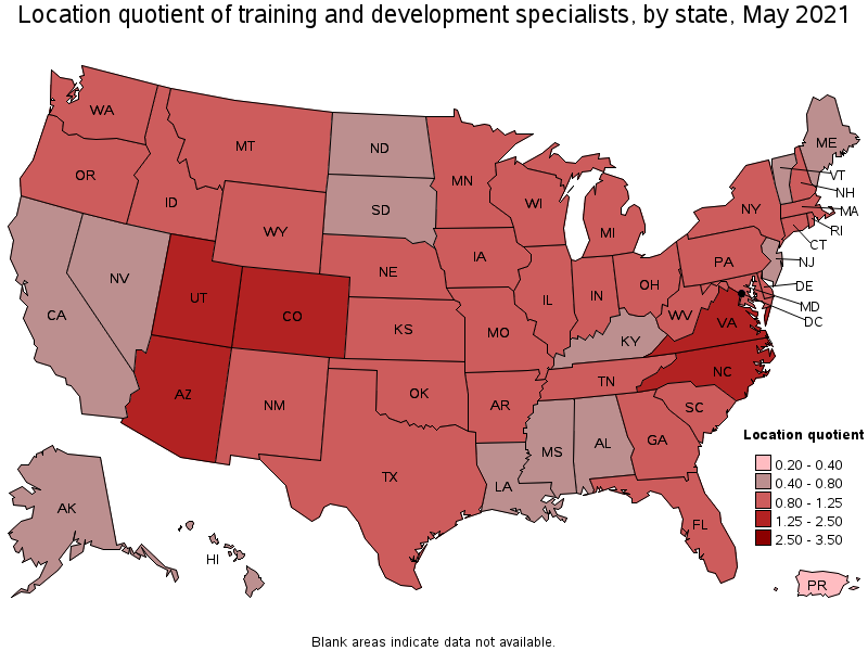 Map of location quotient of training and development specialists by state, May 2021