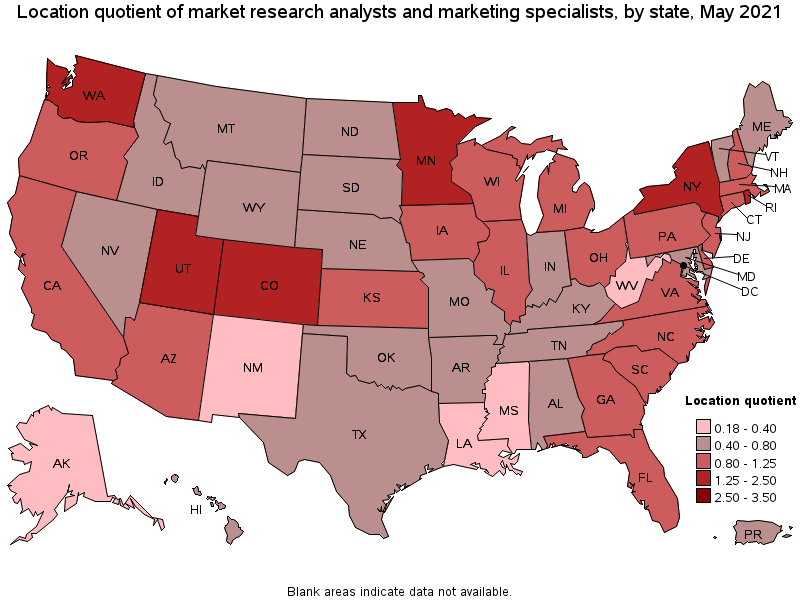 Map of location quotient of market research analysts and marketing specialists by state, May 2021