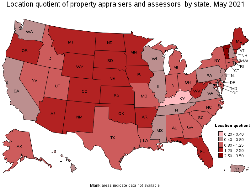 Map of location quotient of property appraisers and assessors by state, May 2021