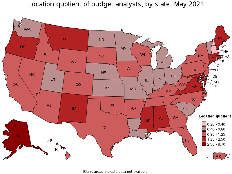 Map of location quotient of budget analysts by state, May 2021