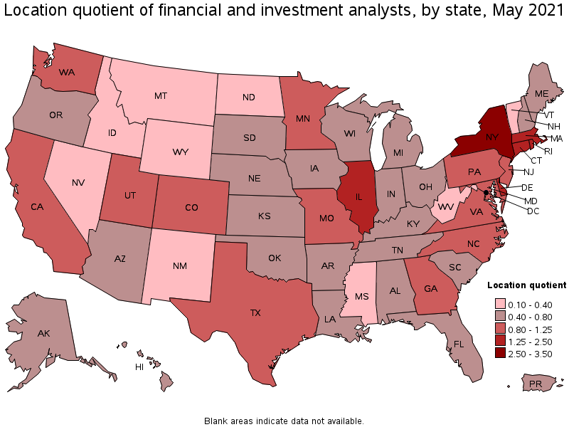 Map of location quotient of financial and investment analysts by state, May 2021