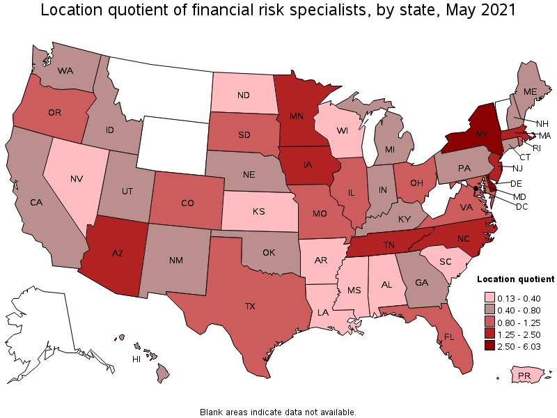 Map of location quotient of financial risk specialists by state, May 2021