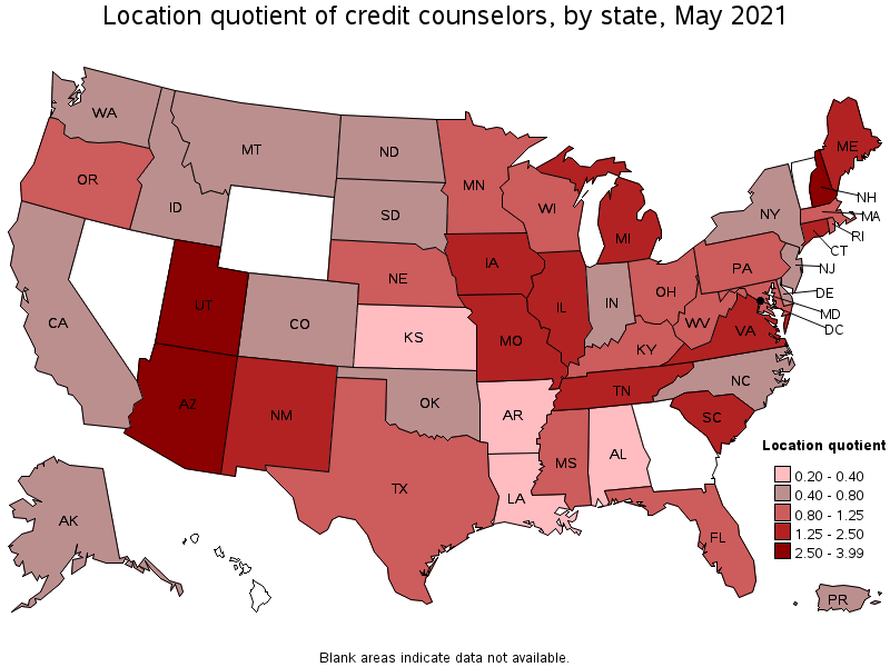 Map of location quotient of credit counselors by state, May 2021