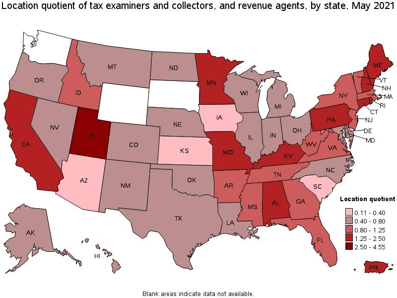 Map of location quotient of tax examiners and collectors, and revenue agents by state, May 2021