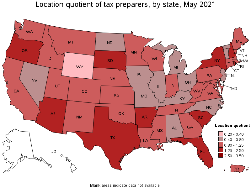 Map of location quotient of tax preparers by state, May 2021