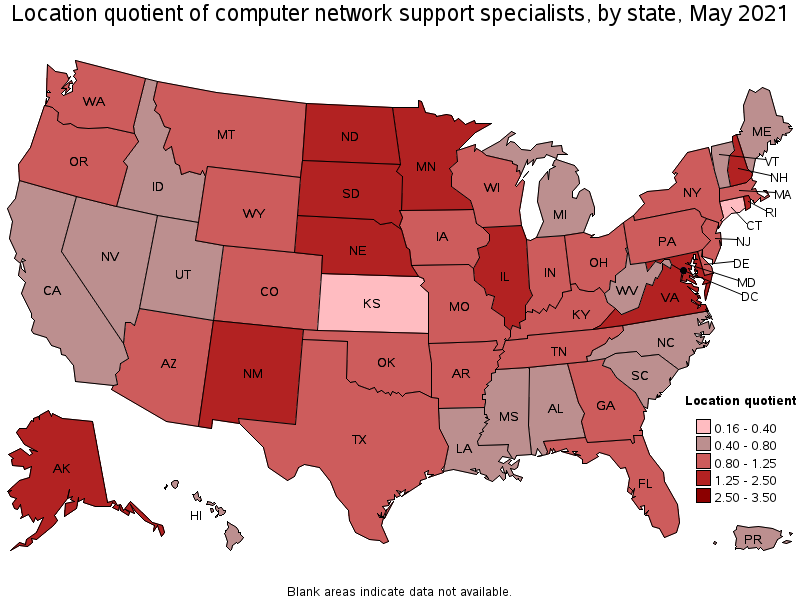 Map of location quotient of computer network support specialists by state, May 2021