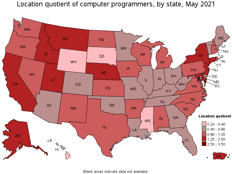 Map of location quotient of computer programmers by state, May 2021