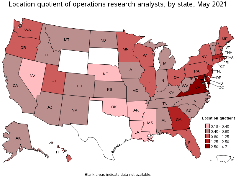 Map of location quotient of operations research analysts by state, May 2021