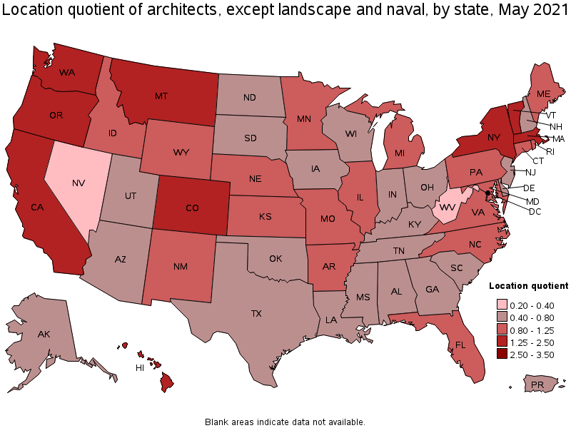 Map of location quotient of architects, except landscape and naval by state, May 2021