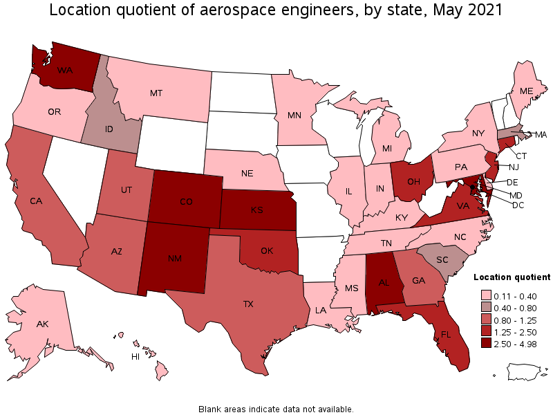 Map of location quotient of aerospace engineers by state, May 2021