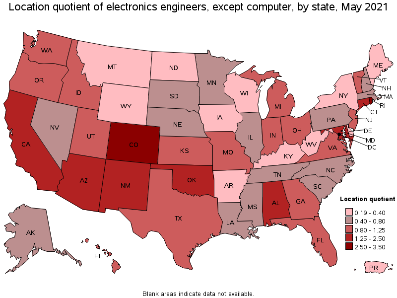 Map of location quotient of electronics engineers, except computer by state, May 2021