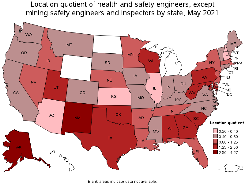 Map of location quotient of health and safety engineers, except mining safety engineers and inspectors by state, May 2021