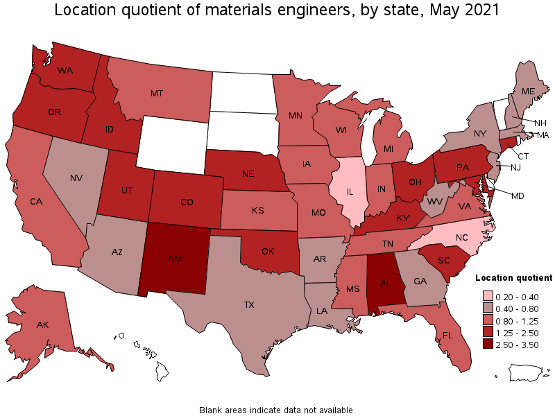 Map of location quotient of materials engineers by state, May 2021