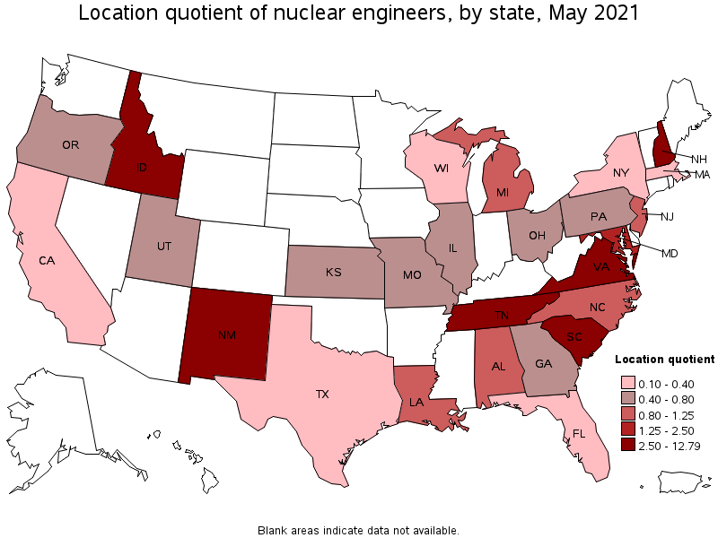 Map of location quotient of nuclear engineers by state, May 2021