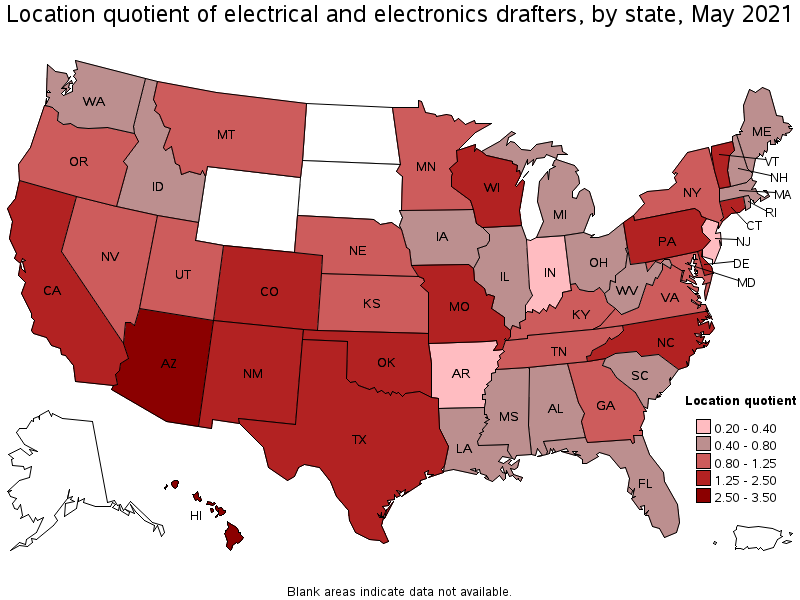 Map of location quotient of electrical and electronics drafters by state, May 2021