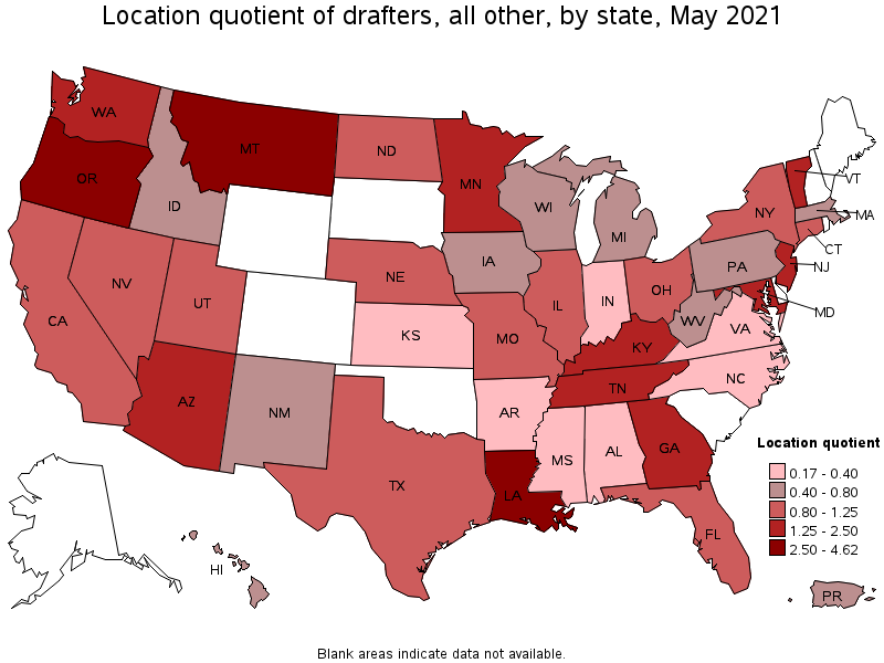 Map of location quotient of drafters, all other by state, May 2021