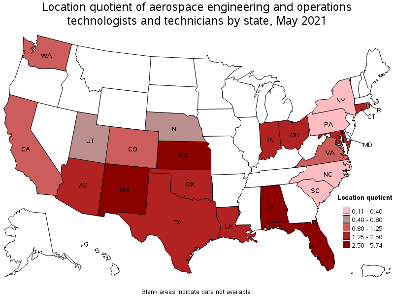 Map of location quotient of aerospace engineering and operations technologists and technicians by state, May 2021
