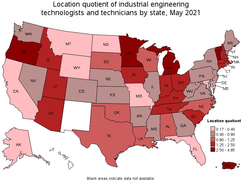 Map of location quotient of industrial engineering technologists and technicians by state, May 2021