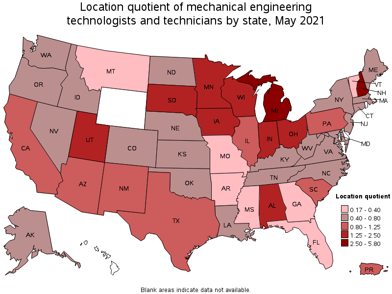 Map of location quotient of mechanical engineering technologists and technicians by state, May 2021